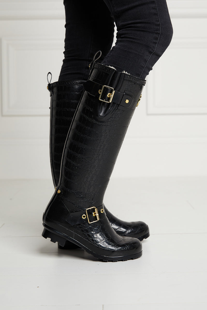 Holland Cooper Sherpa Lined Regency Wellington Black Croc