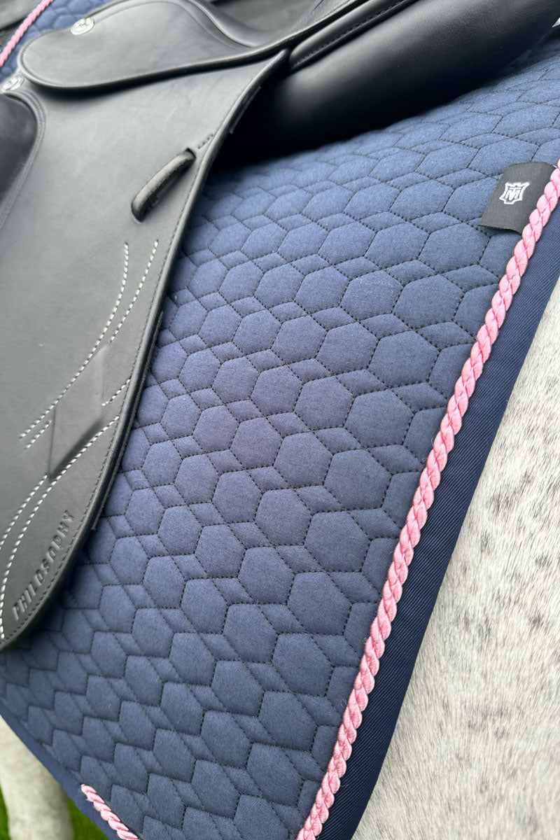Mattes Dressage Saddle Pad with Piping Navy with Navy Binding & Rose Piping