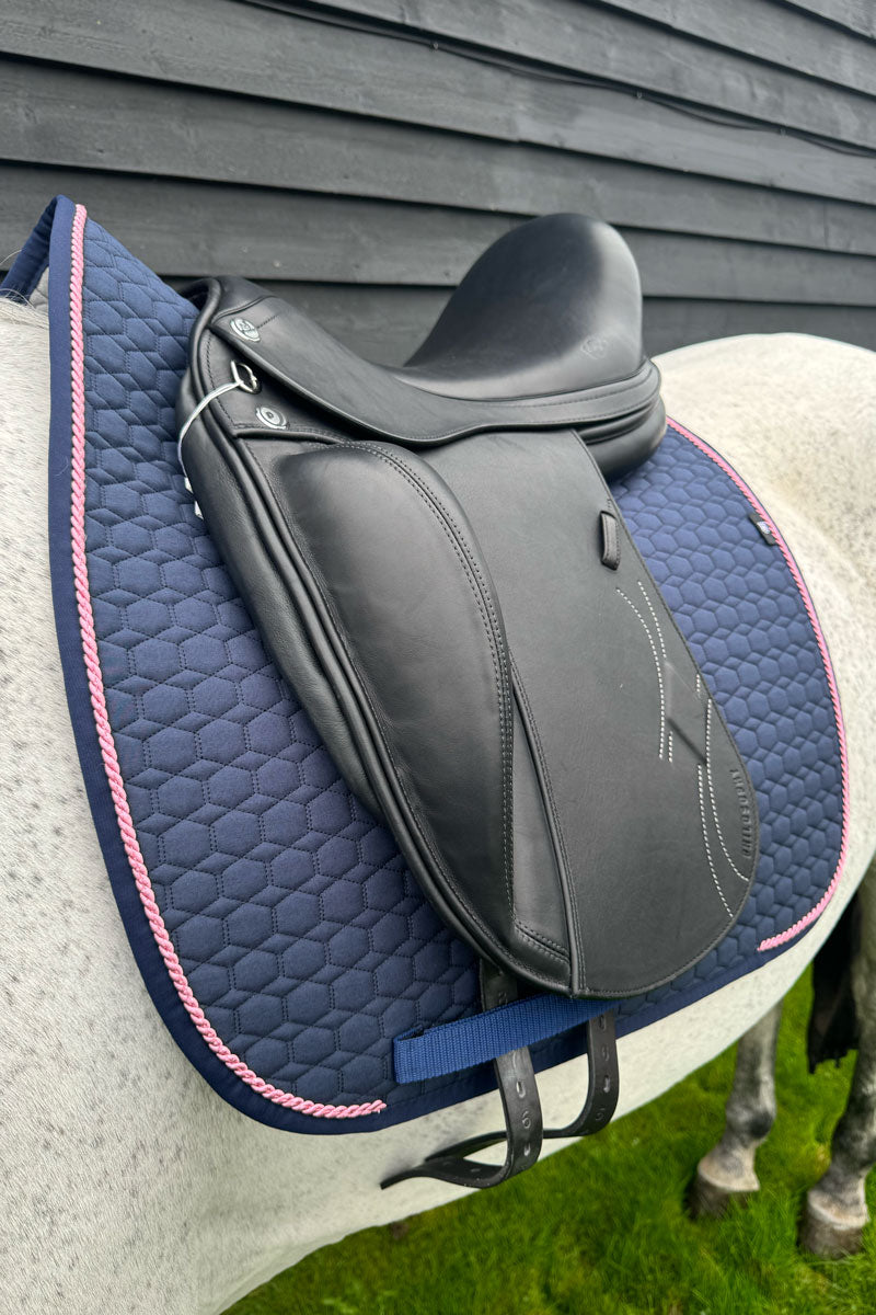 Mattes Dressage Saddle Pad with Piping Navy with Navy Binding & Rose Piping