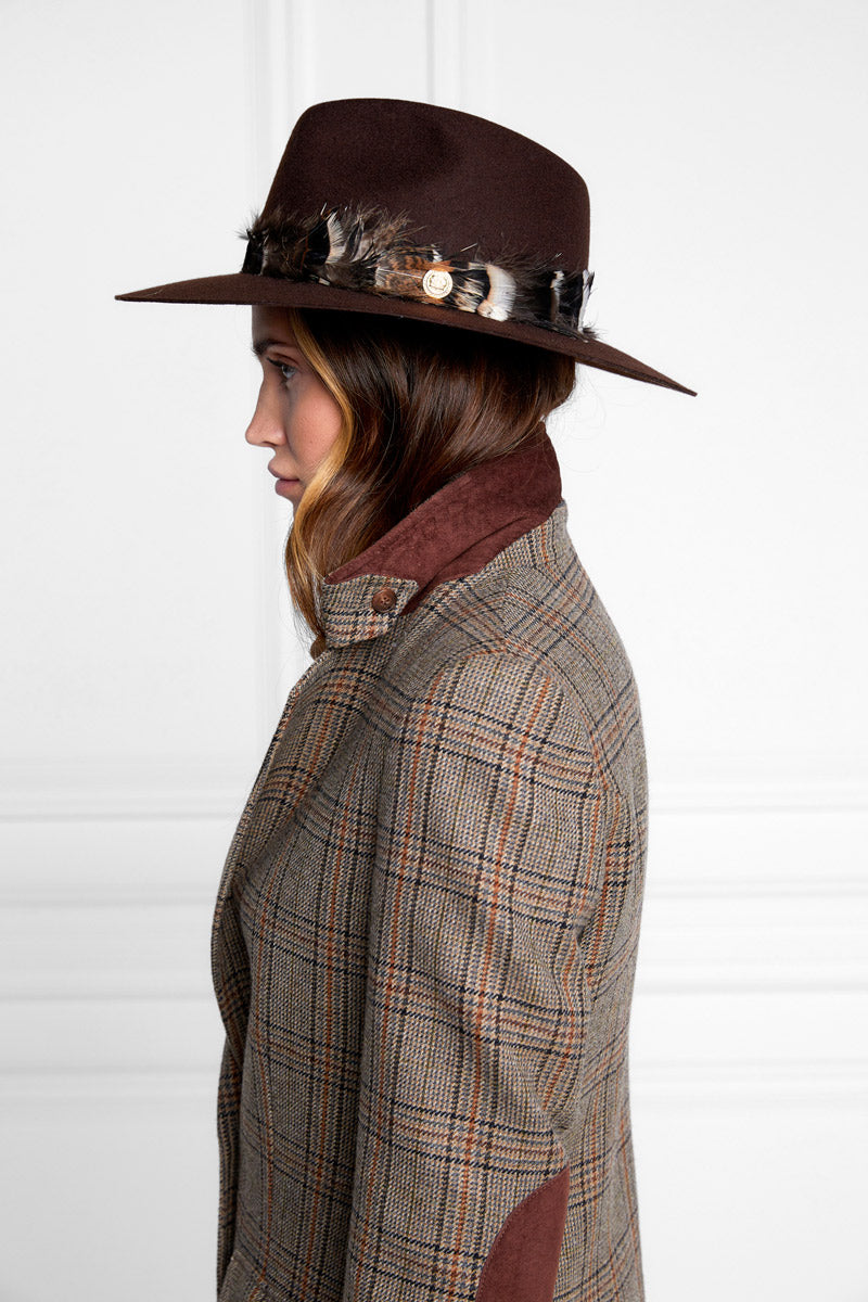 Holland Cooper Trilby Hat Iridescent Feather Band Chocolate