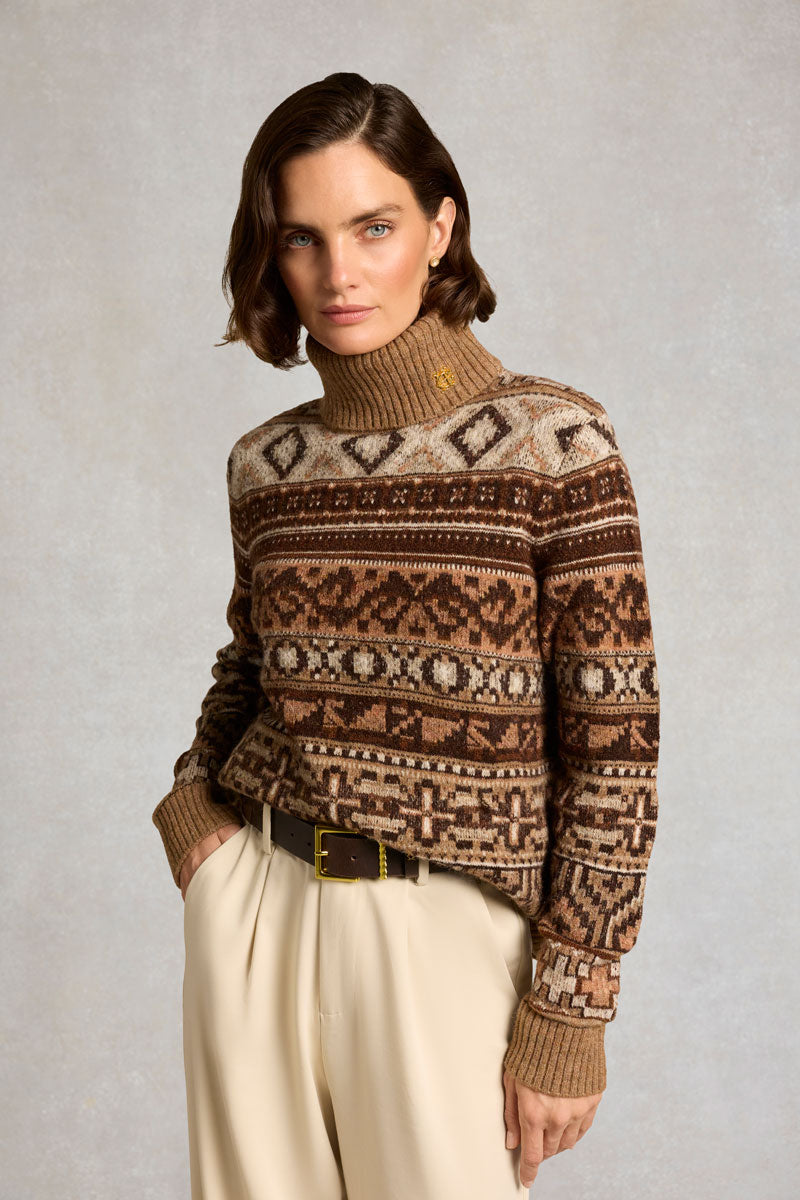 Holland Cooper Vostock Roll Neck Knit Camel Fairisle