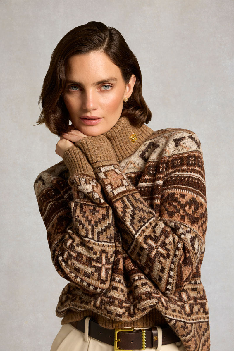 Holland Cooper Vostock Roll Neck Knit Camel Fairisle