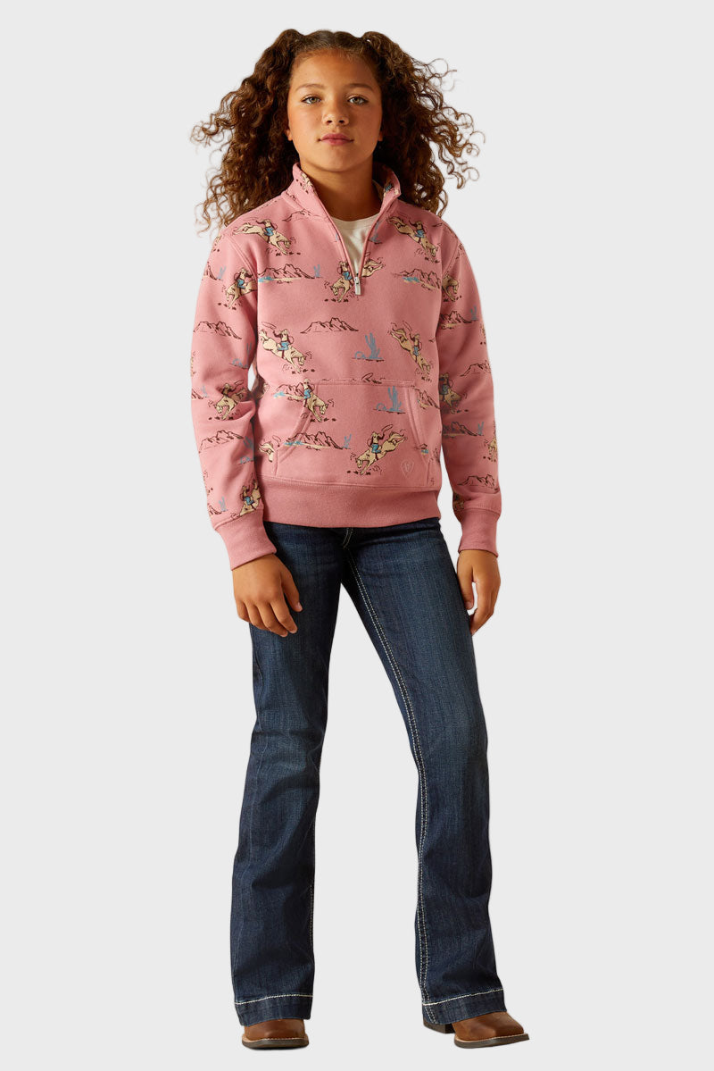 Ariat Girls Bronc Scene 1/4 Zip Sweatshirt Bronc Toile