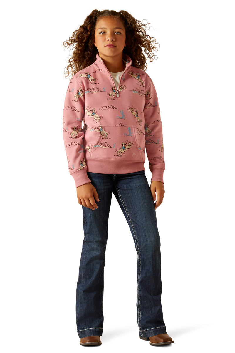 Ariat Girls Bronc Scene 1/4 Zip Sweatshirt Bronc Toile