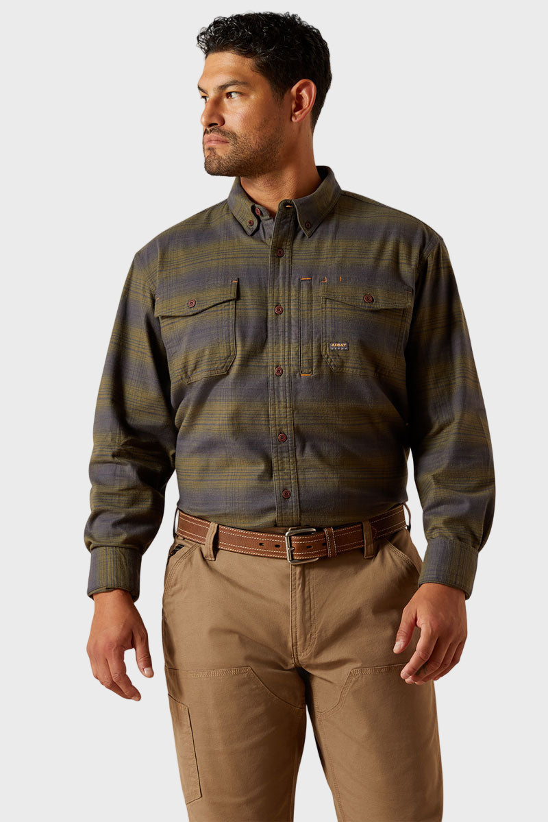 Ariat Men's Rebar Flannel Work Shirt Burnt Olive Print 
