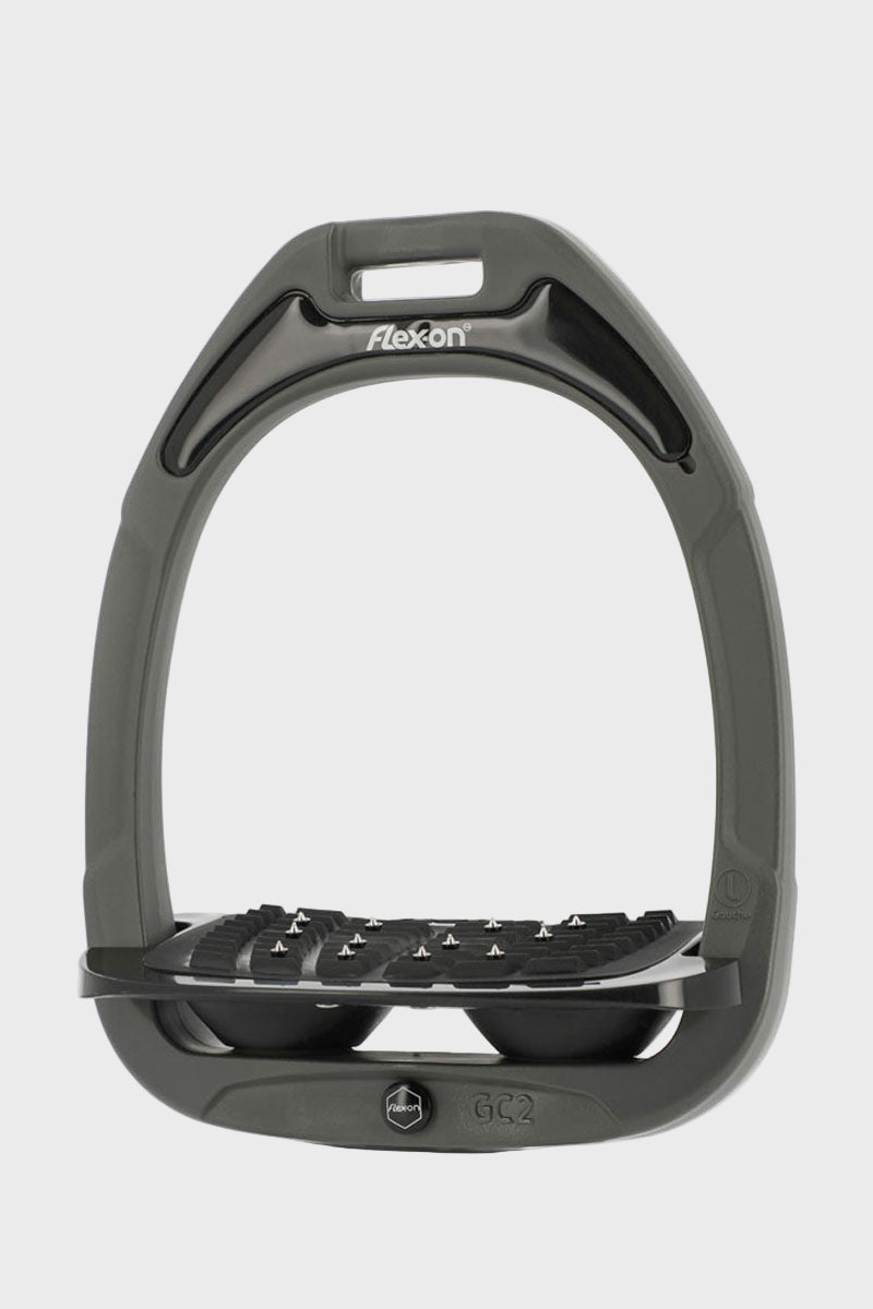 Flex-On Green Composite Stirrups Inclined Ultra-Grip Dark Grey Frame with Black Elastomers 