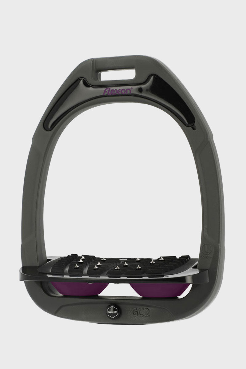 Flex-On Green Composite Stirrups Inclined Ultra-Grip Dark Grey Frame with Plum Elastomers 