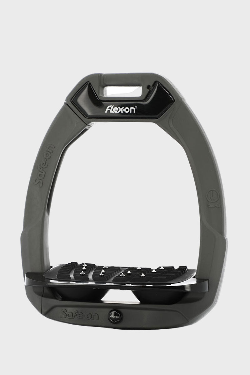 Flex-On Safe-On Stirrups Inclined Ultra-Grip Dark Grey Frame with Black Elastomers 