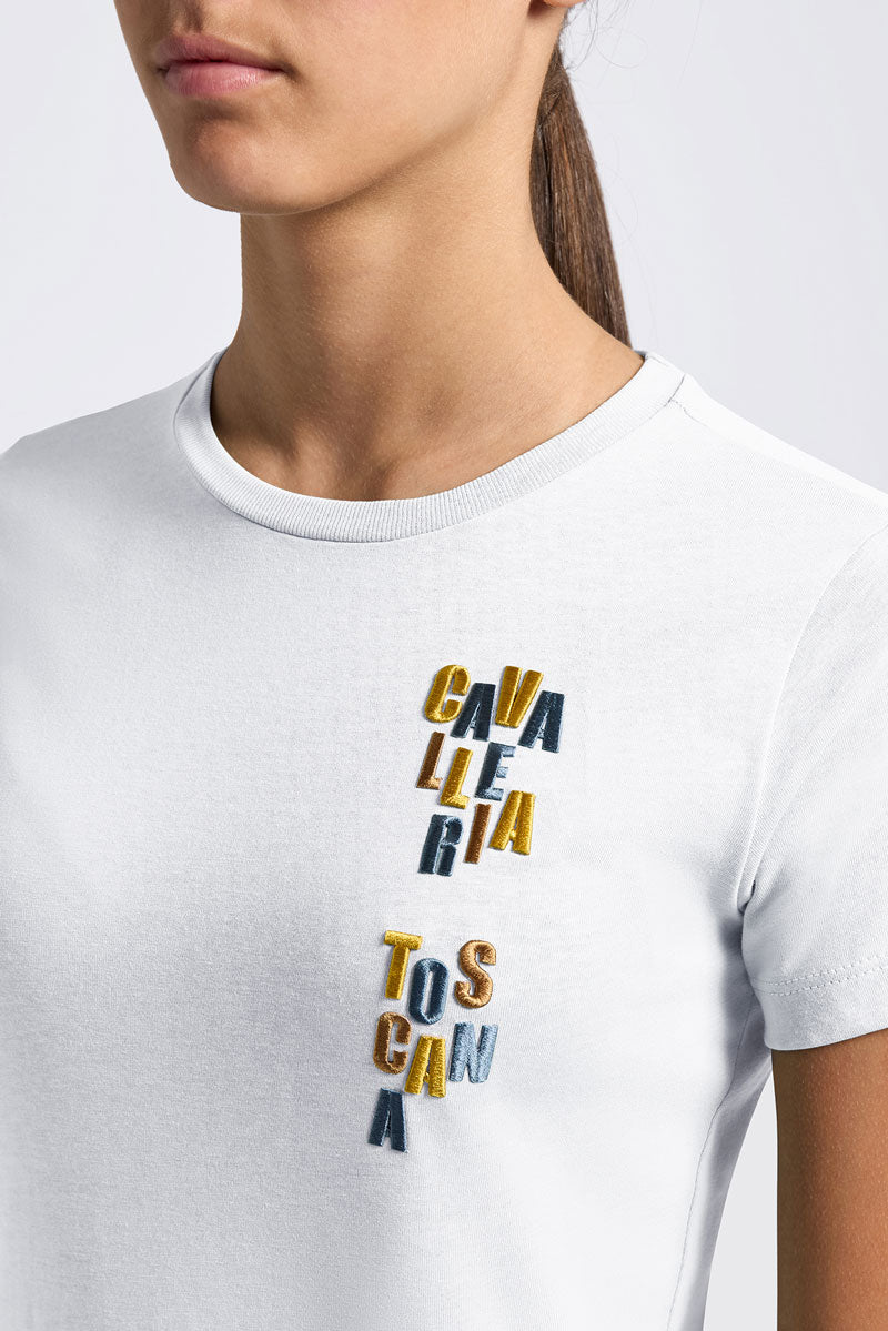 Cavalleria Toscana Girl's Cotton T-Shirt with Multicolour Logo White