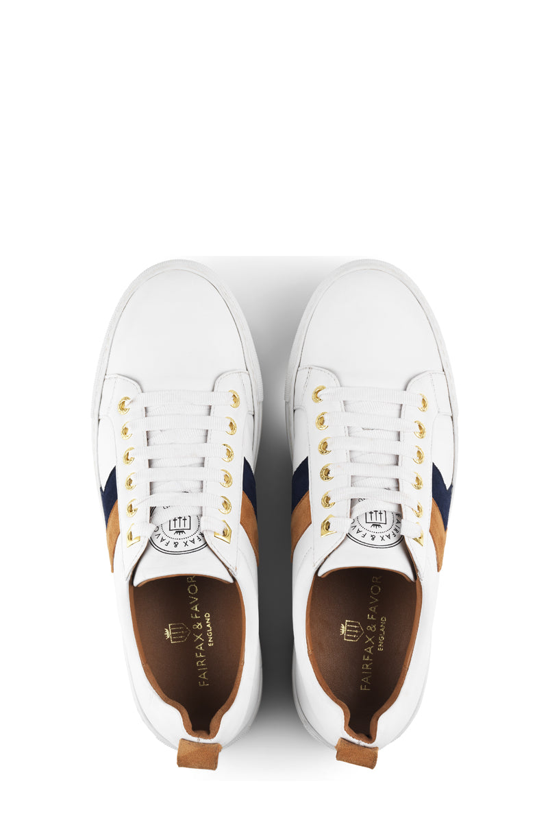 Fairfax & Favor Alexandra Trainer White Leather with Tan & Navy Suede