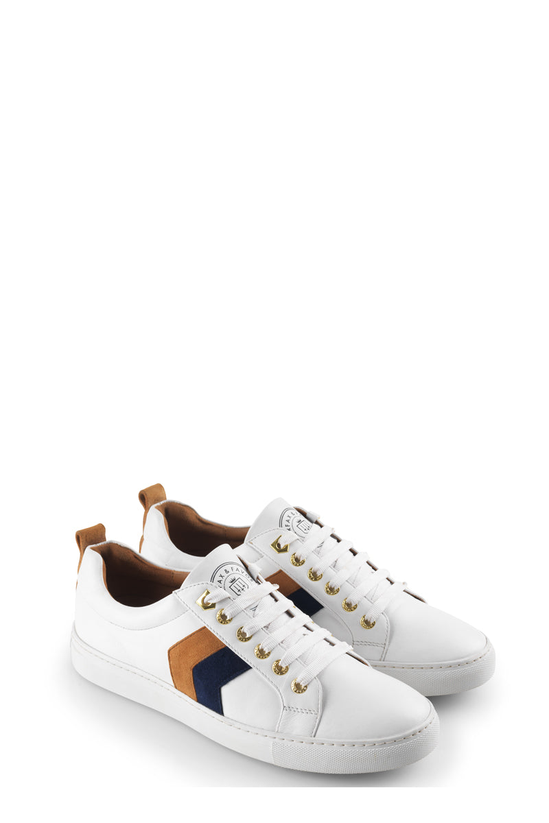 Fairfax & Favor Alexandra Trainer White Leather with Tan & Navy Suede