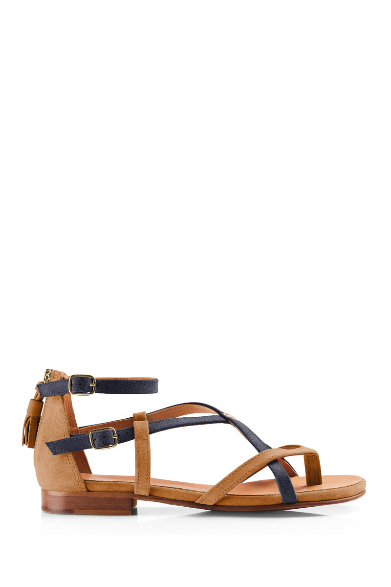 Fairfax & Favor Brancaster Sandal Tan & Navy Suede