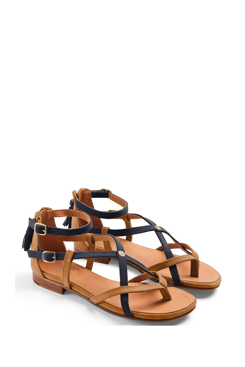 Fairfax & Favor Brancaster Sandal Tan & Navy Suede