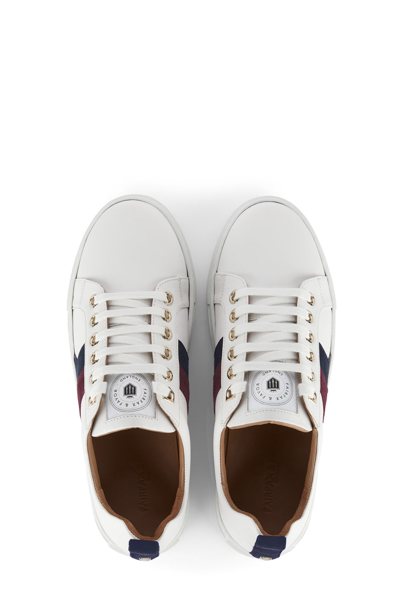 Fairfax & Favor Alexandra Trainer White Leather with Plum & Ink Suede