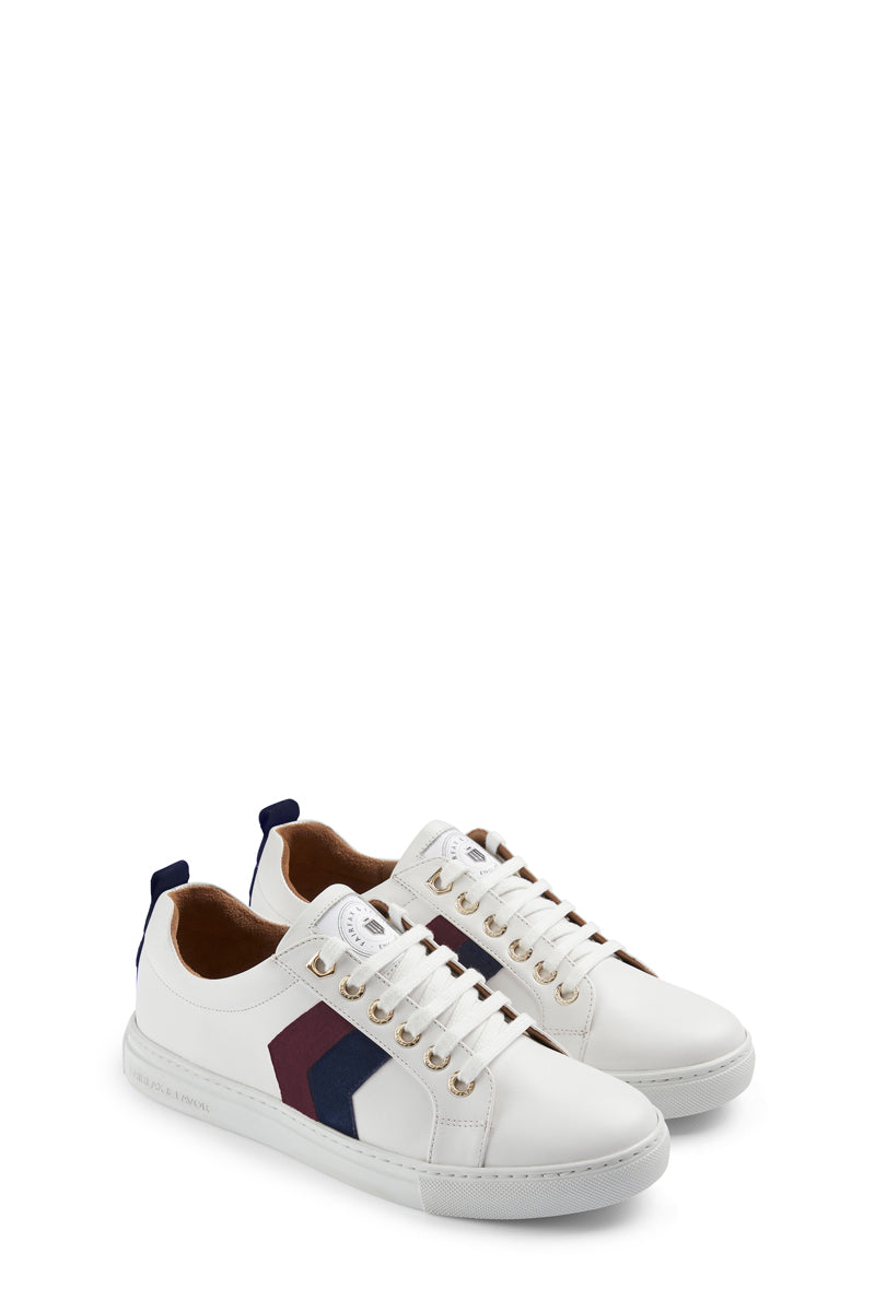 Fairfax & Favor Alexandra Trainer White Leather with Plum & Ink Suede