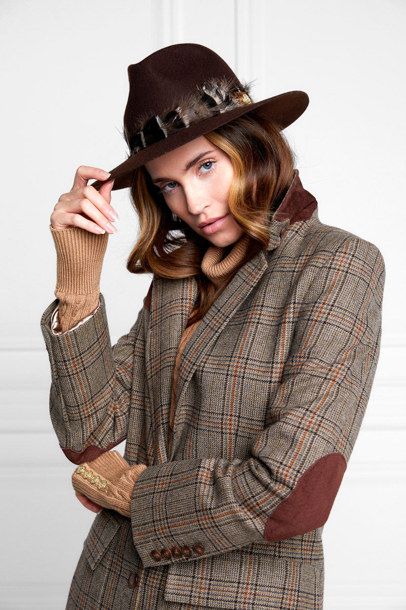 Holland Cooper Trilby Hat Iridescent Feather Band Chocolate 