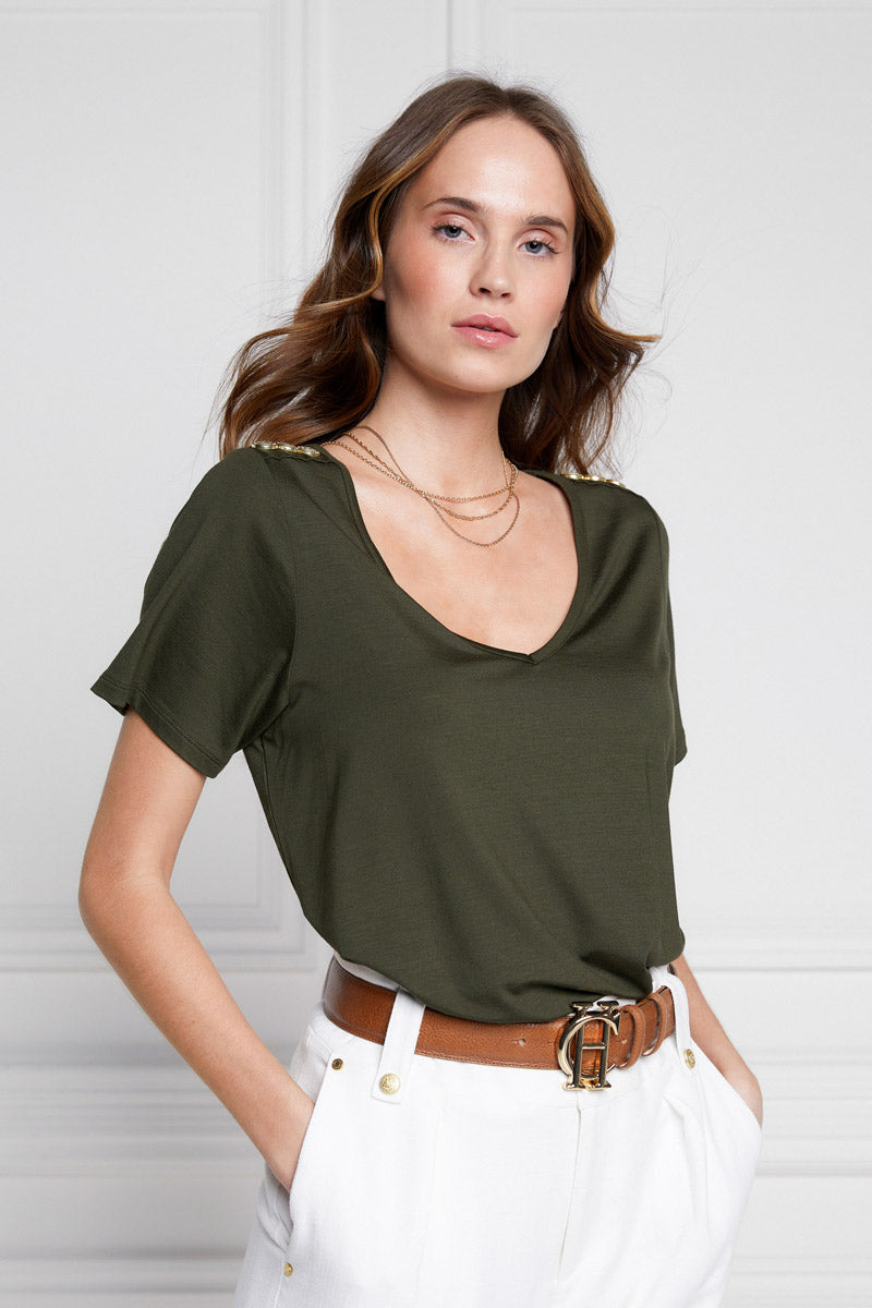 Holland Cooper Relax Fit V-Neck Tee Khaki